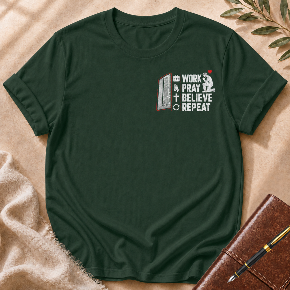 Work, Pray,  Believe, Repeat — Black Male Left Chest Edition T-Shirt