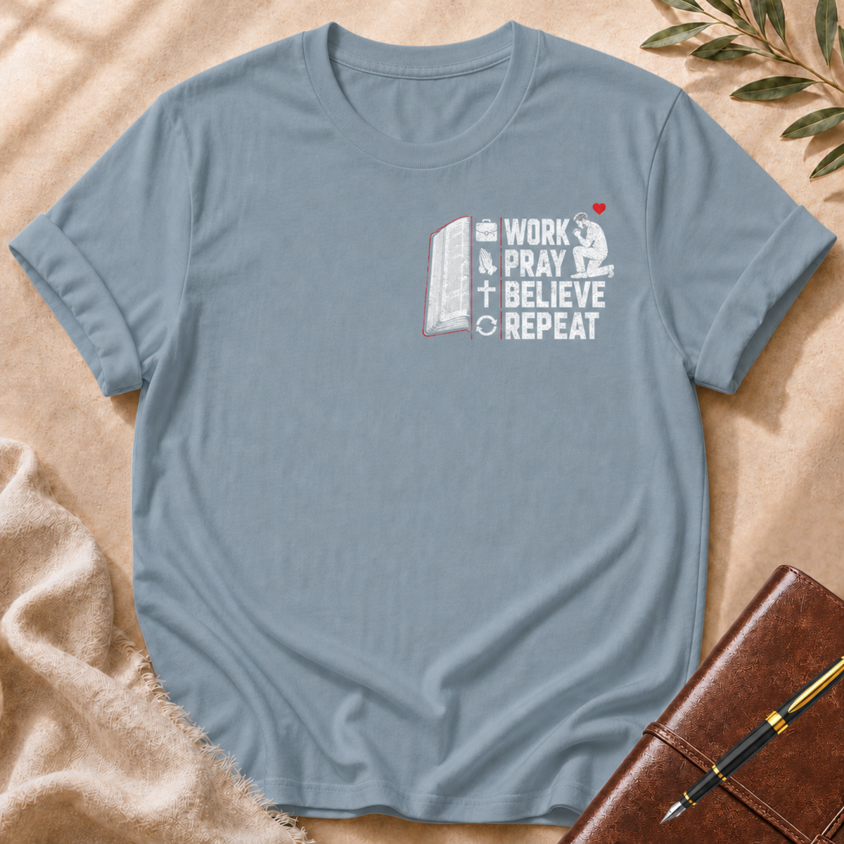 Work, Pray,  Believe, Repeat — Black Male Left Chest Edition T-Shirt
